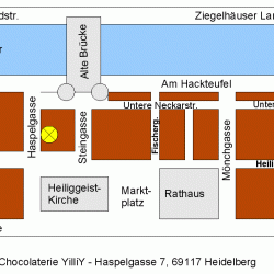 schematischer Lageplan der Chocolaterie yilliy zwischen Heiliggeistkirche und der Alten Brücke